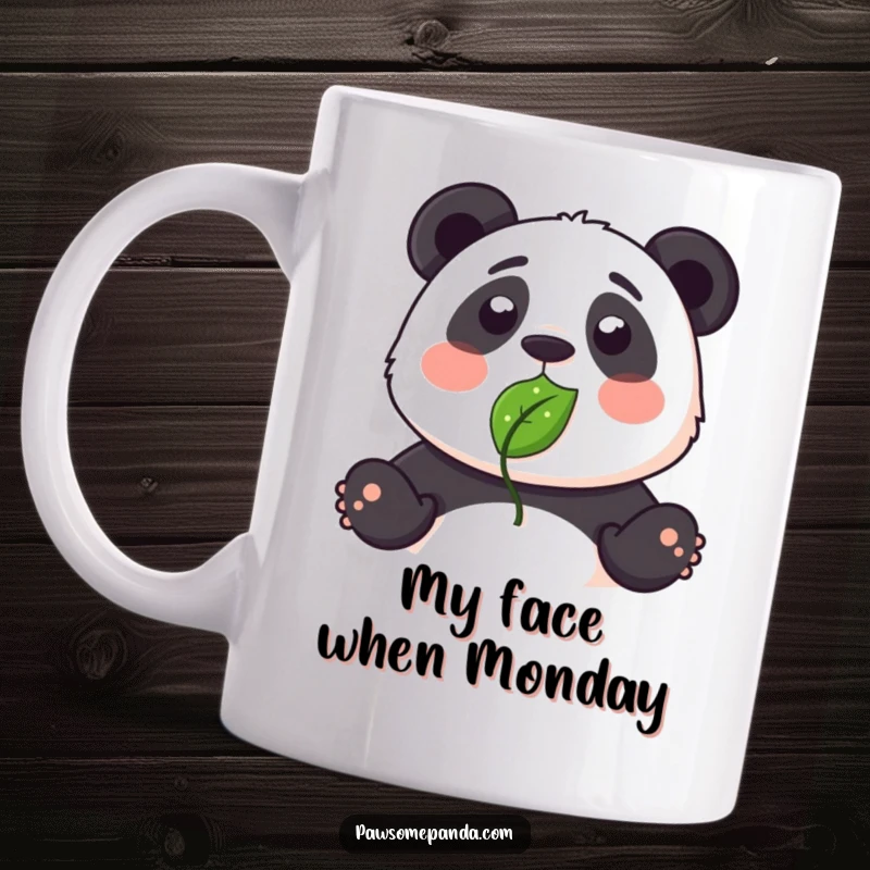 Funny mug featuring a wide-eyed panda surprised with a green leaf humorously stuck to its nose.