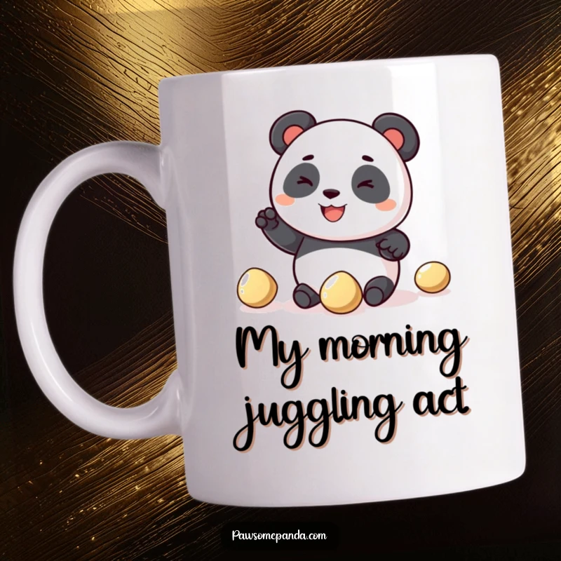 Funny panda mug featuring a happy, round panda character gleefully attempting to juggle three shiny pebbles, showcasing its playful and clumsy nature.