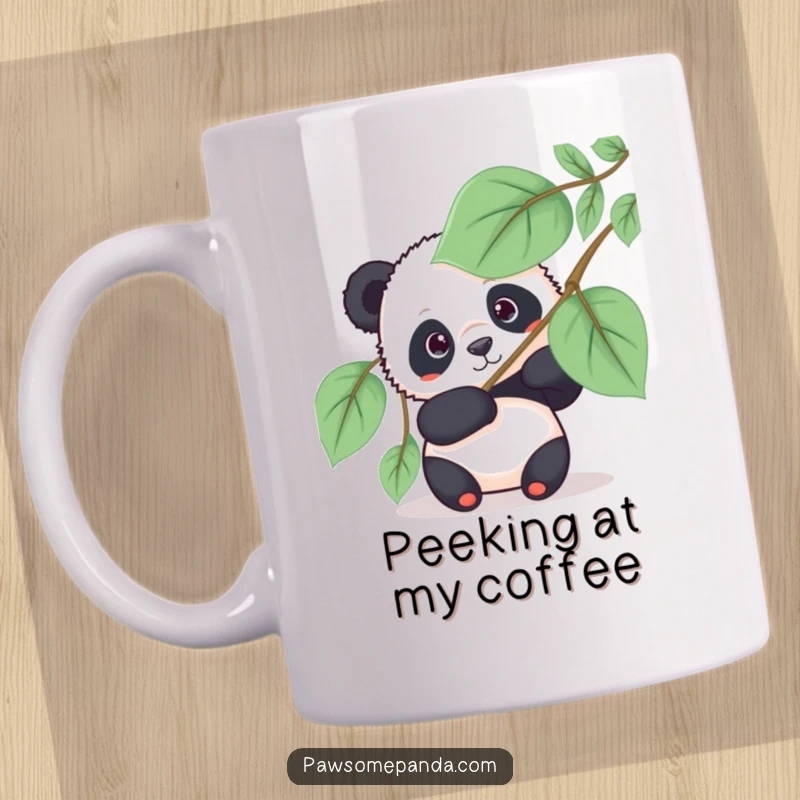 Funny panda mug featuring a curious panda bear peeking out playfully from behind a large, green leafy fan, a hint of mischief.
