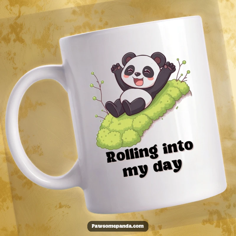 Funny mug depicting a joyous panda character gleefully sliding down a mossy hill, capturing pure, uninhibited fun.