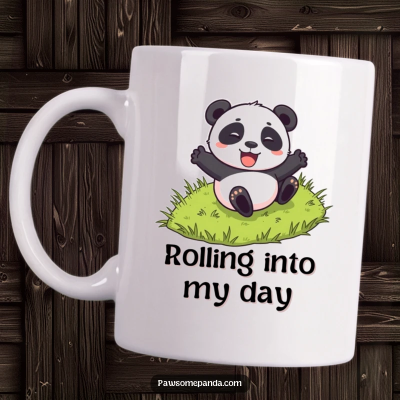 Funny mug featuring a panda character joyfully and excitedly rolling down a grassy hill, capturing a moment of pure delight.