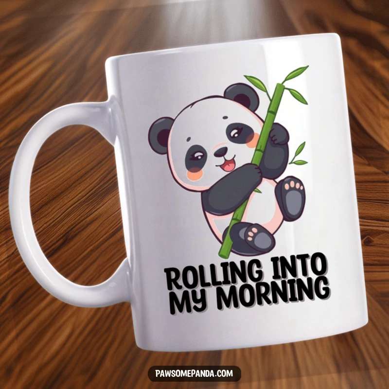 Funny panda mug featuring a joyful panda bear hilariously tumbling down a green bamboo stalk, perfect for panda lovers.