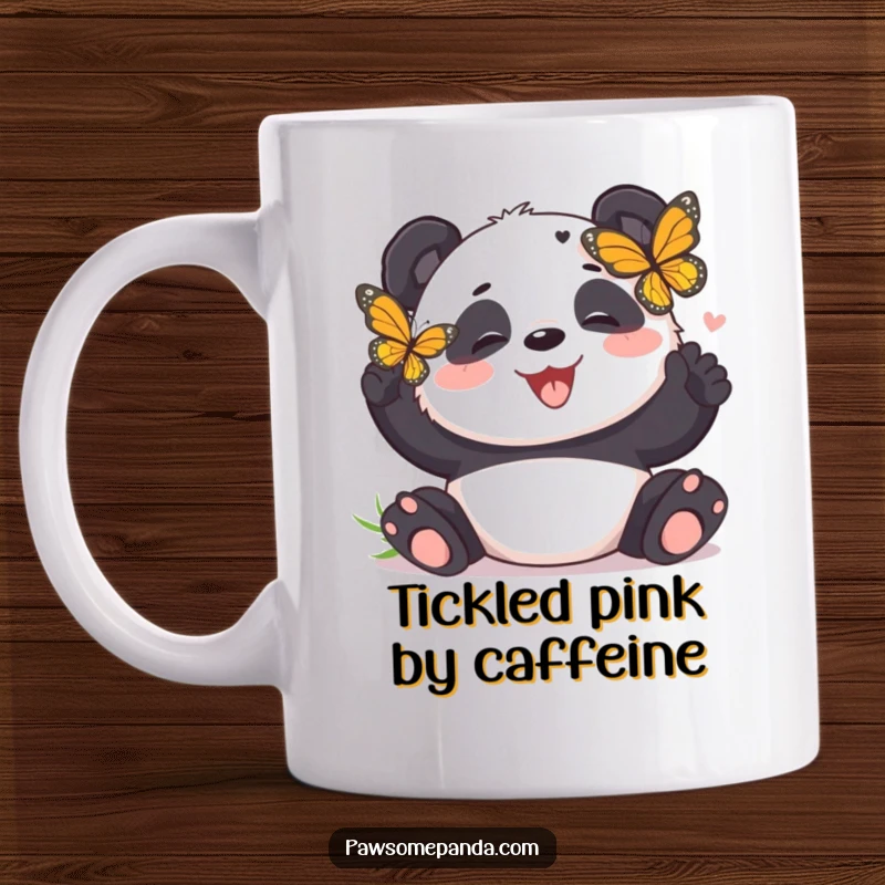 Funny panda mug featuring a playful panda bear giggling uncontrollably as a butterfly tickles its nose, a scene of pure joy.