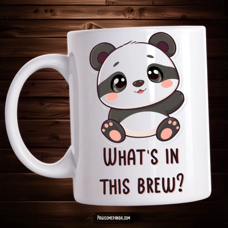 Funny panda mug featuring an adorable panda character looking up with wide, curious eyes, exuding innocence and charm.