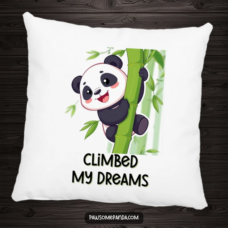 Funny pillow featuring a happy panda with a broad grin, climbing a vibrant bamboo stalk, offering plush comfort and amusement.