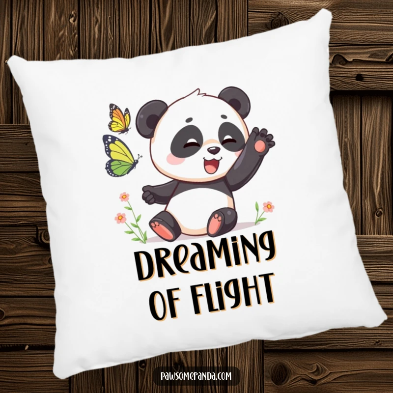 Funny Pillow: A soft cushion featuring a panda playfully swatting at a butterfly, radiating comfort and playful humor, an ideal funny gift.
