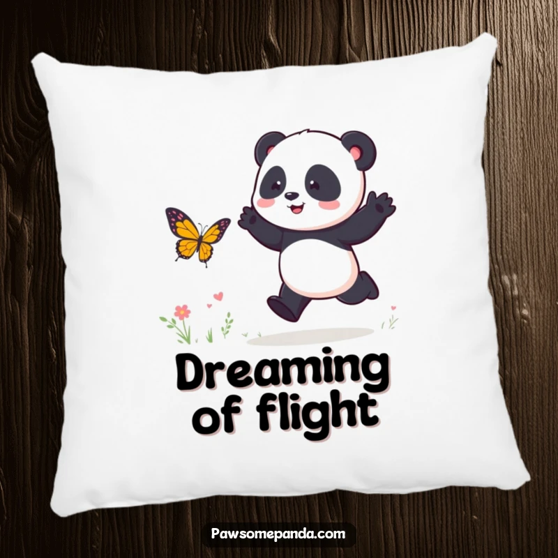 Funny Pillow: A sweet panda character playfully hops, chasing a butterfly, bringing whimsical energy to any cozy space.