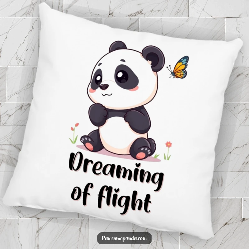 Funny decorative pillow with a curious panda tilting its head, observing a butterfly, adding cozy nature vibes.