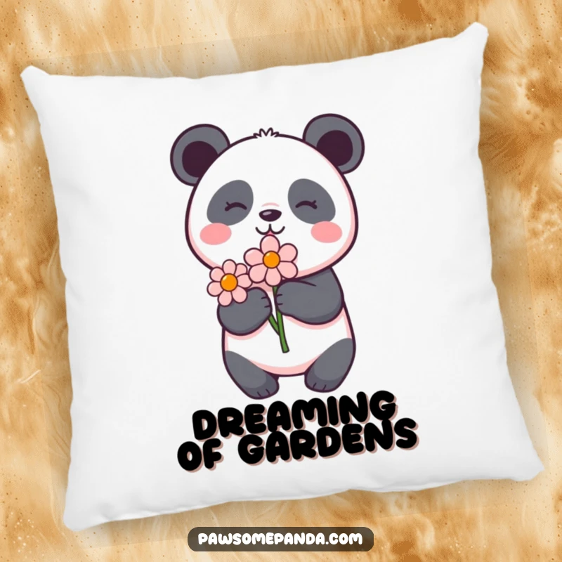 Funny panda pillow featuring a delighted panda holding a flower, designed for comfort and adding a touch of floral charm.