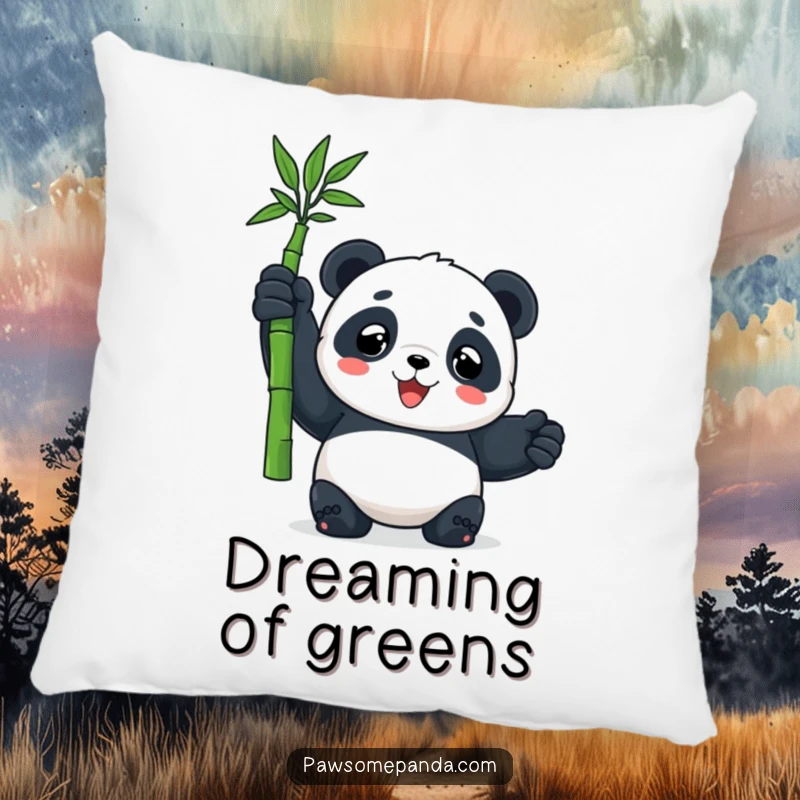 Funny pillow featuring a happy panda character holding a bamboo shoot, offering cozy comfort and humorous, triumphant vibes.