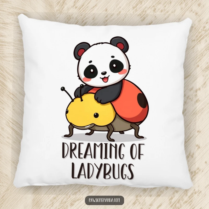 Funny decorative pillow featuring a happy panda on a ladybug, offering comfort and a touch of cute animal humor.