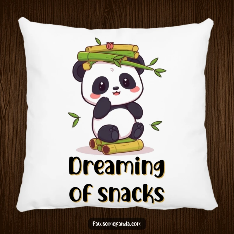 Funny pillow featuring a panda character precariously balancing a towering stack of green bamboo shoots, suitable for a cozy and humorous accent.