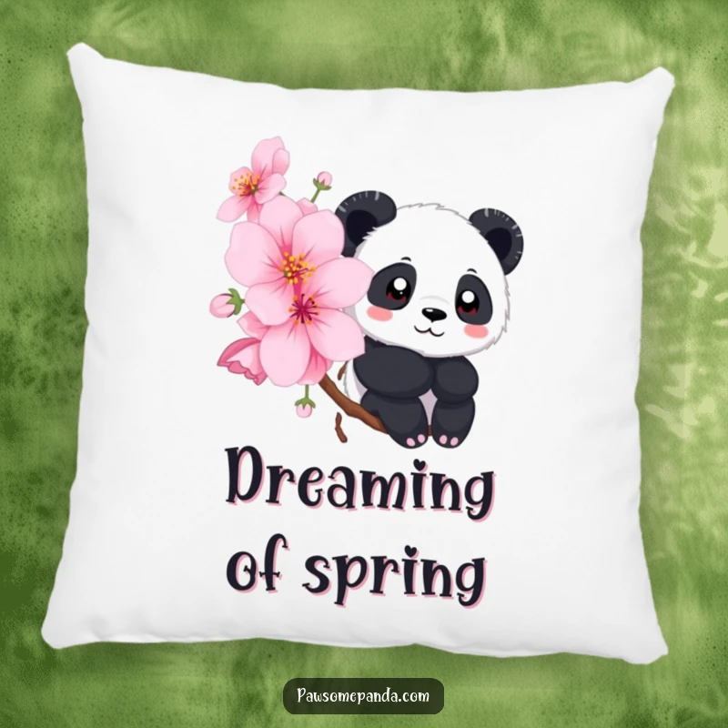 Funny pillow featuring a cute panda peeking out from behind a beautiful, blooming cherry blossom, perfect for adding comfort.