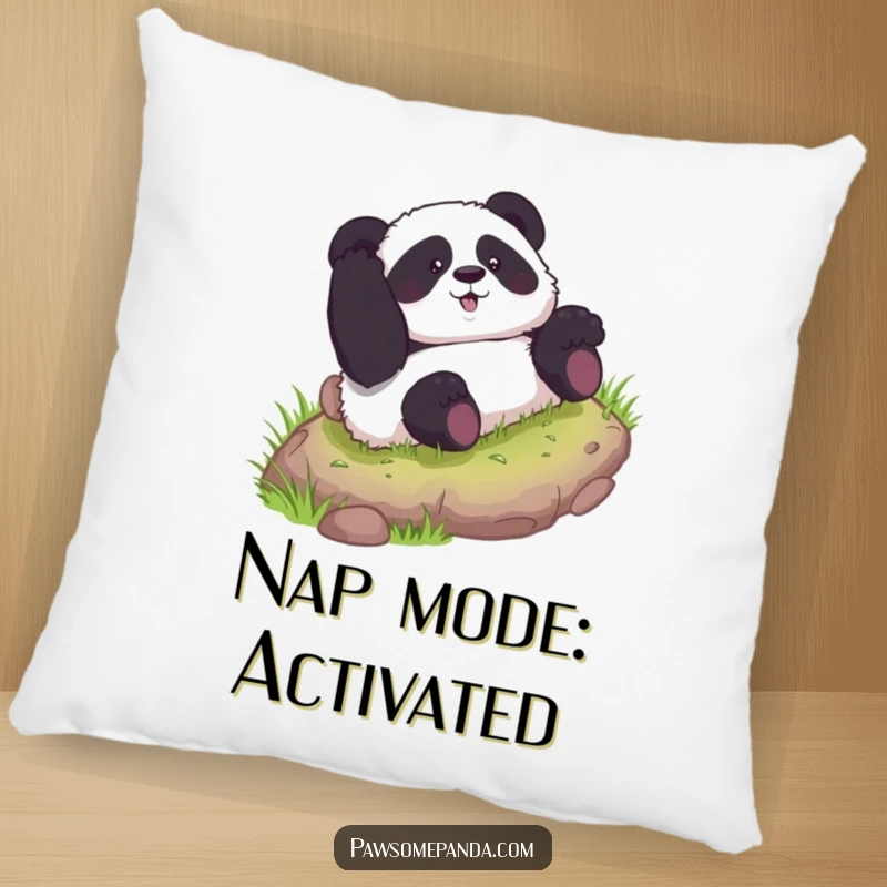 Funny pillow featuring a curious panda character rolling down a grassy hill, adding a playful and humorous touch to any space.