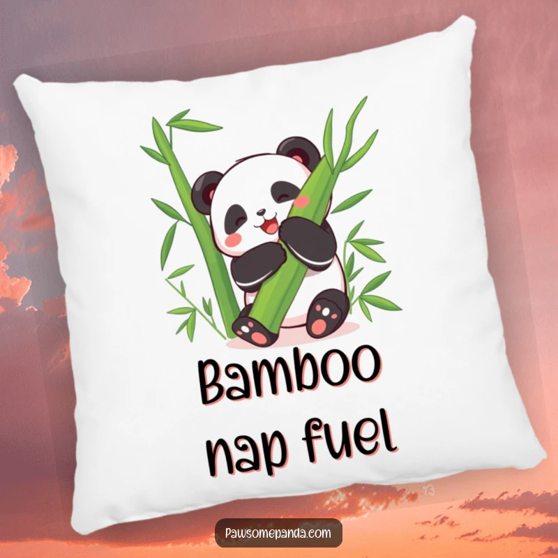 Funny Pillow: A happy panda character hugs a giant bamboo leaf with hilarious delight, looking incredibly soft and cuddly.
