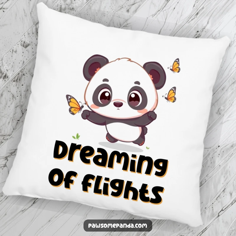 Funny kawaii panda cub with big, surprised eyes, chasing a butterfly, on a soft pillow, bringing cute wonder indoors.