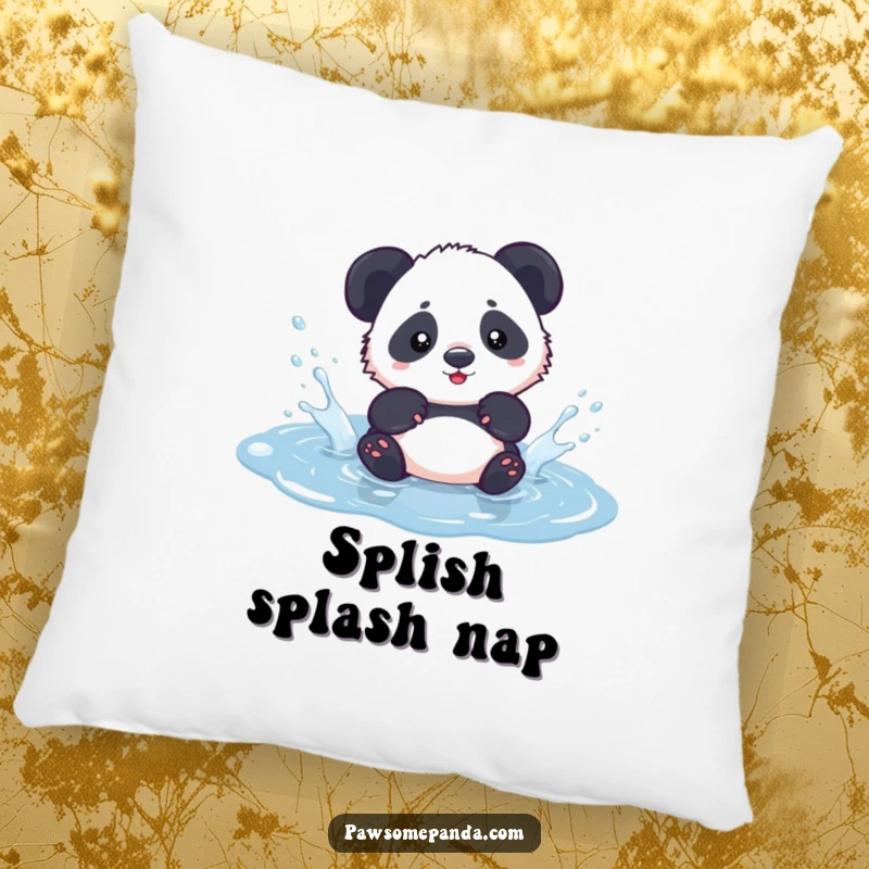 Funny kawaii panda cub playfully splashing in a puddle, on a soft pillow, bringing cute cheer indoors.