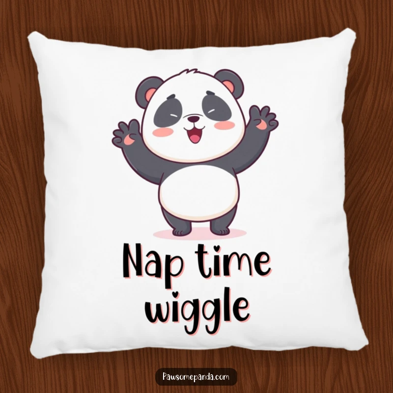 Funny pillow featuring a fluffy kawaii panda bear doing a comical wiggle dance, providing comfort and a humorous centerpiece.