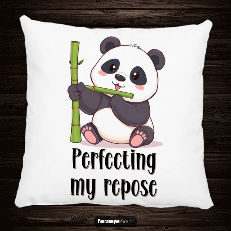 Funny panda pillow featuring a chubby panda bear trying to balance a bamboo shoot on its nose, for humorous coziness.