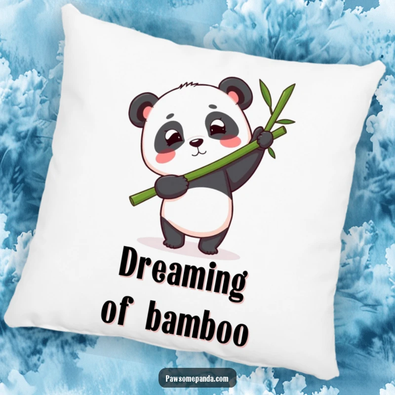 Funny panda pillow featuring a determined panda balancing a bamboo stalk with focus, offering comfort and inspirational humor.