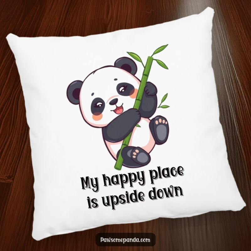 Funny panda pillow featuring a panda bear tumbling down a bamboo stalk, offering comfort and a dose of hilarious cheer.