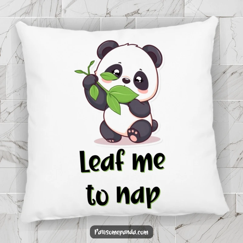 Funny panda playfully bamboozling a leaf on a soft pillow, adding cheeky comfort.