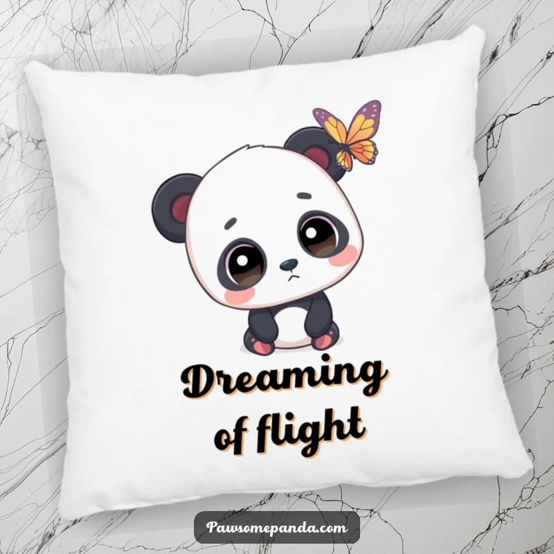 Funny pillow featuring a panda with wide, curious eyes observing a butterfly, offering comfort and a touch of whimsical charm.