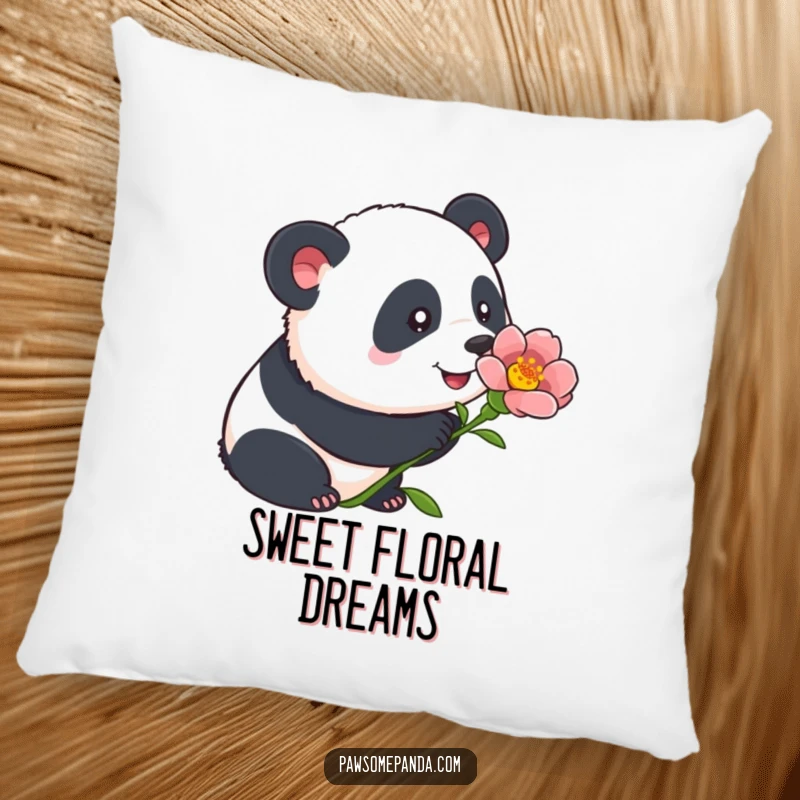 Funny panda pillow featuring a curious panda sniffing a flower with alert ears, offering comfort and gentle, humorous charm.