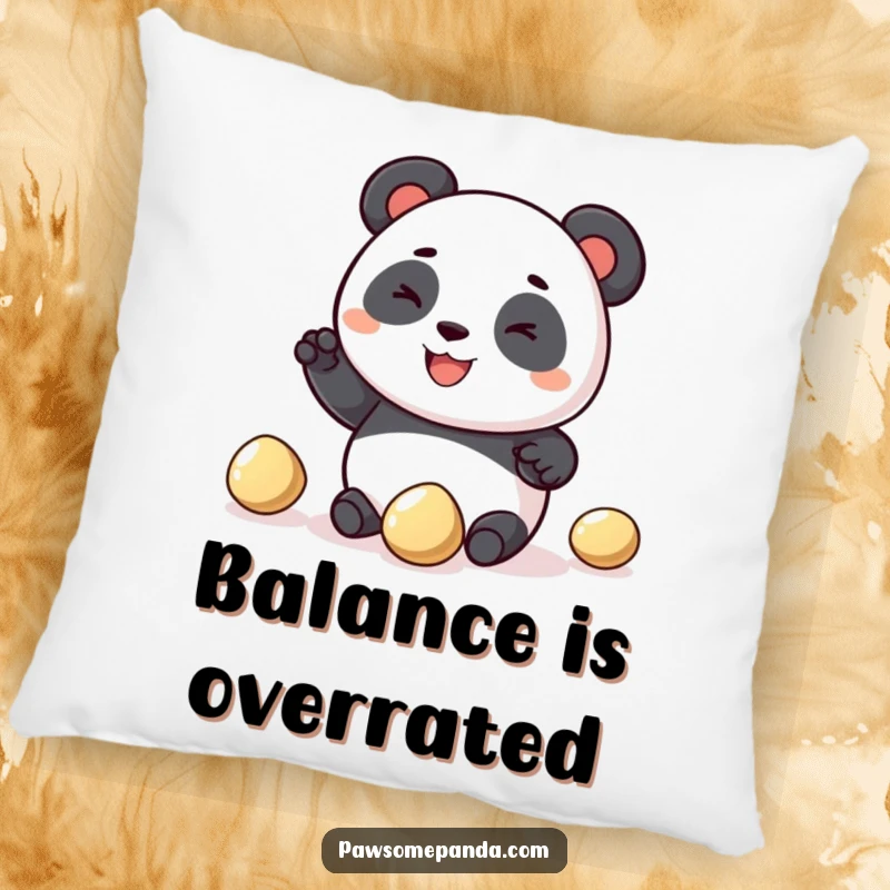 Funny panda pillow showing a happy panda character with a wide grin attempting to juggle three shiny pebbles, adding a touch of humor to relaxation.
