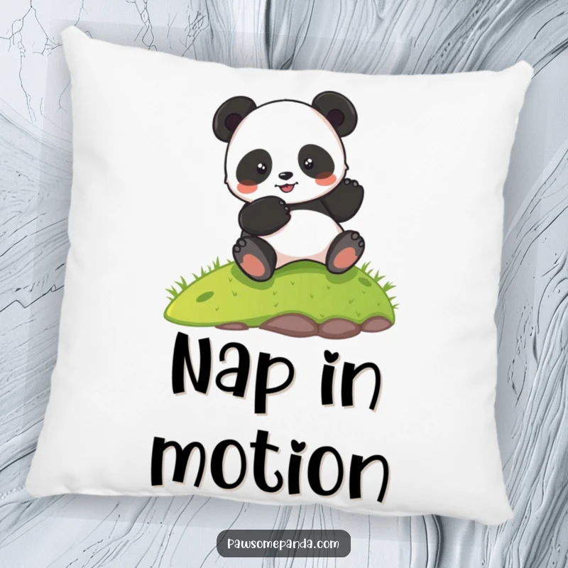 Funny pillow showcasing a cheerful panda character rolling freely down a green hill, offering comfort and a dose of amusement.