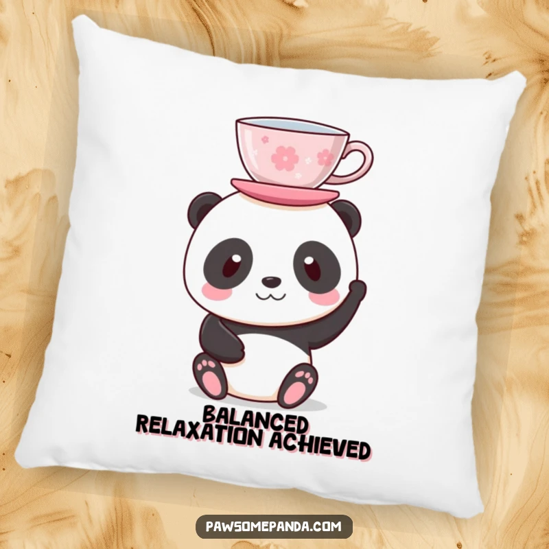 Funny pillow featuring a panda balancing a teacup on its head, offering comfort and a touch of whimsical elegance.