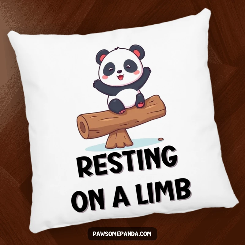 Funny pillow featuring a playful panda character balancing on a log, providing a humorous and comfortable accent.