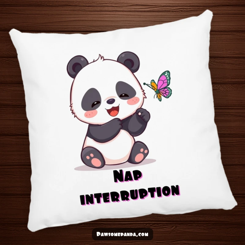 Funny decorative pillow featuring a giggling panda trying to catch a butterfly, bringing soft comfort and playful humor.