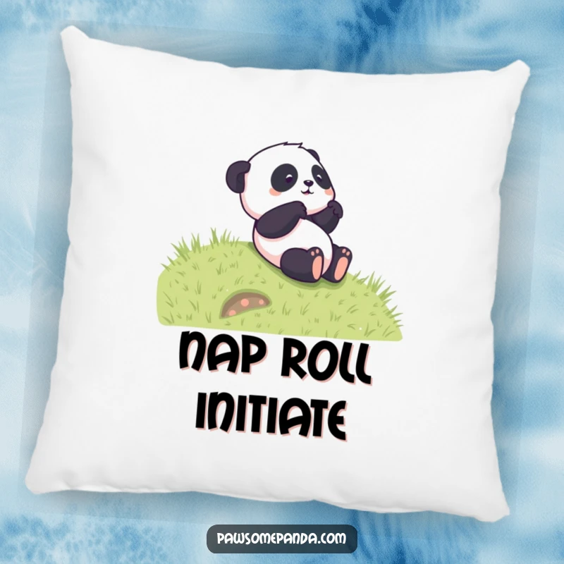 Funny pillow featuring a cute panda character mid-roll down a grassy hill, offering comfort and a playful visual.