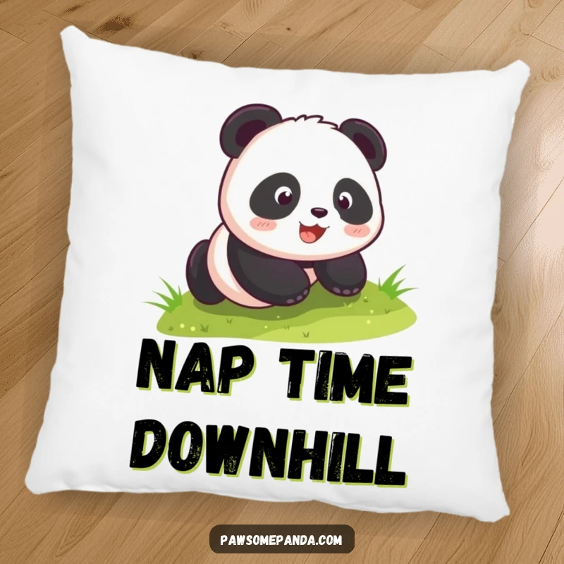 Funny kawaii panda cub joyfully rolling down a grassy hill, depicted on a soft pillow, adding a touch of cute humor to any seating area.