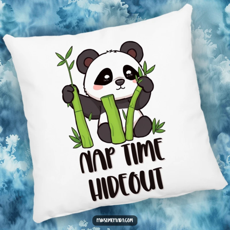 Funny pillow featuring a cute panda character playfully hiding behind a green bamboo stalk.