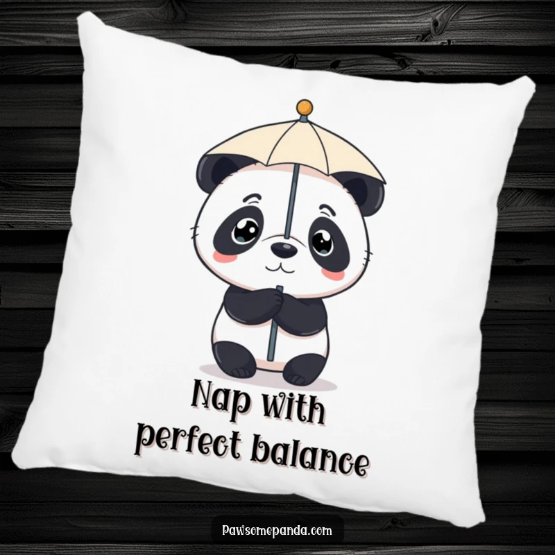 Funny pillow showcasing a determined panda balancing a small umbrella on its nose, adding a touch of quirky comfort.