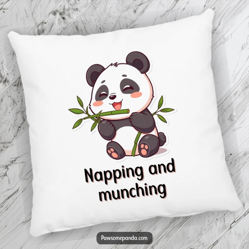 Funny pillow depicting a cute panda character happily munching on bamboo, offering comfort and playful amusement.