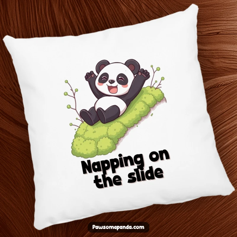 Funny pillow featuring a happy panda sliding down a mossy hill, providing cozy comfort and humorous, playful vibes.