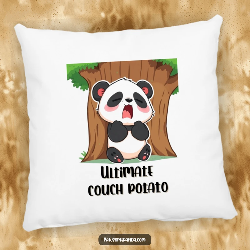 Funny Pillow: A sleepy panda character yawns hugely while resting against a tree, bringing cozy vibes to any room.
