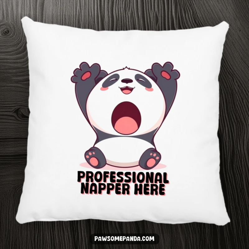Funny Kawaii Panda Pillow showing a cute panda bear stretching with a big yawn and a smile, soft and relaxing.