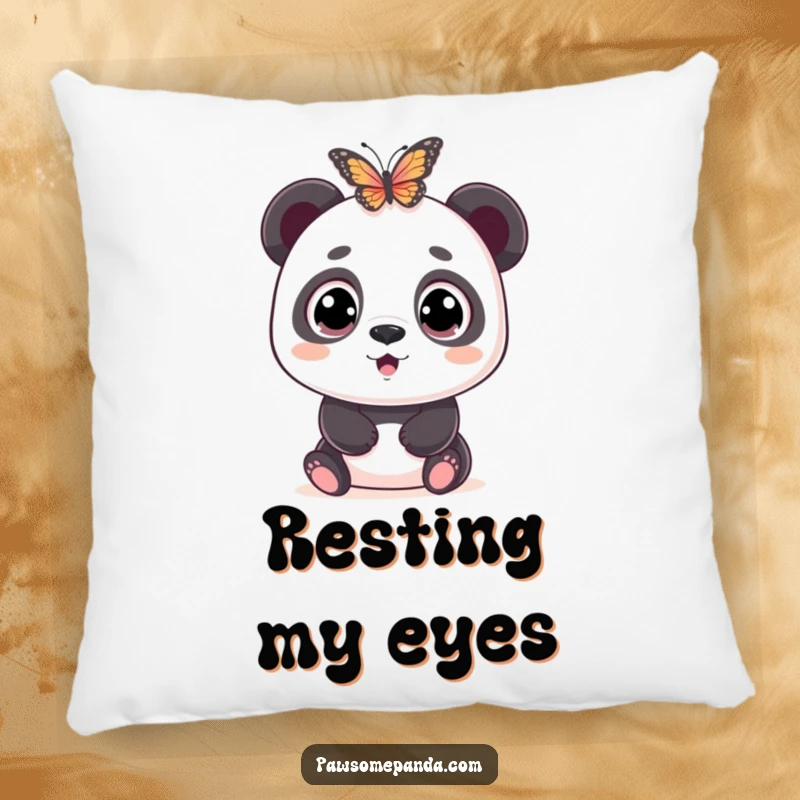 Funny pillow showcasing a wide-eyed panda character in a state of comical surprise and wide-eyed wonder at the sight of a fluttering butterfly.