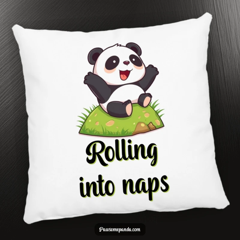 Funny happy panda pillow, rolling down a green hill, joyful expression, soft and decorative, a funny gift.