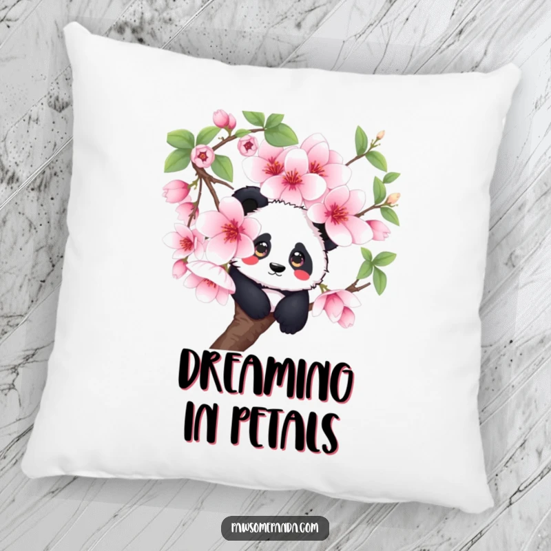 Funny curious panda pillow, peeking out from a large cherry blossom, soft and decorative, a charming funny gift.