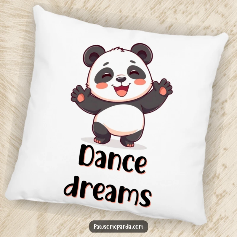 Funny playful panda pillow, dancing silly, paws in the air, wide smile, soft and decorative, a funny gift.