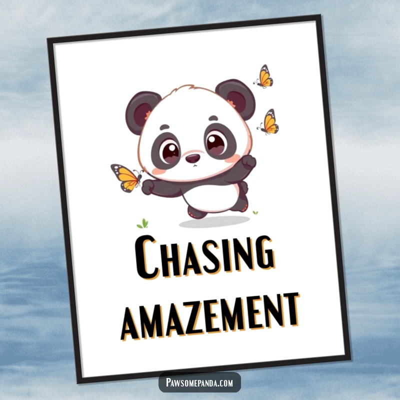 Funny kawaii panda cub with wide, surprised eyes, chasing a butterfly, as a whimsical digital art print.