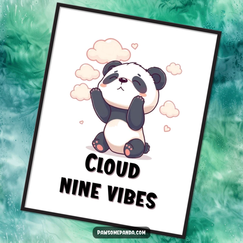 Funny digital art print of a dreamy panda character looking up at fluffy clouds.