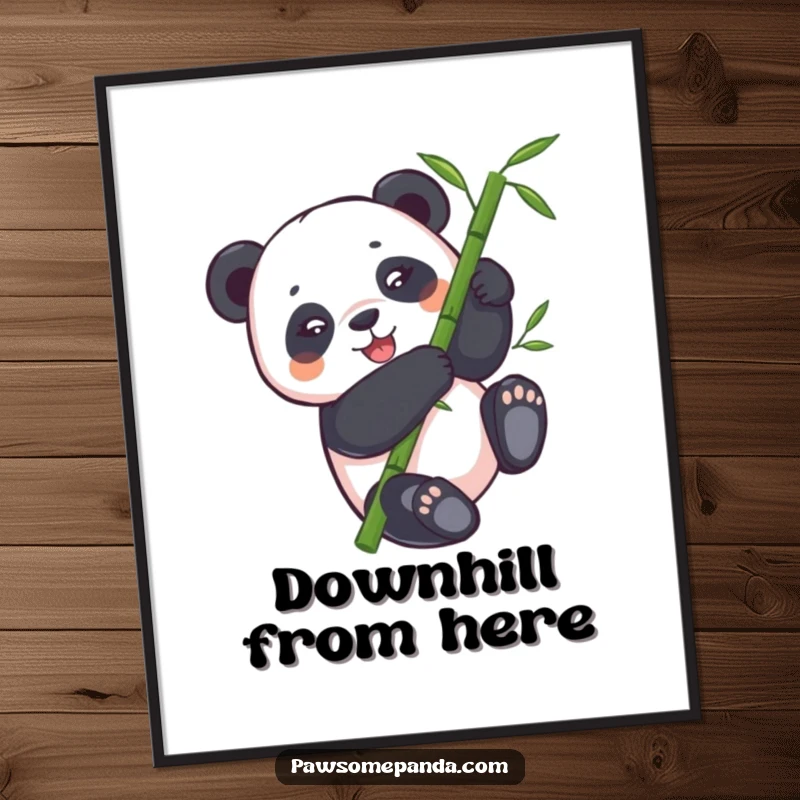 Funny panda digital art print of a panda bear joyfully tumbling down a bamboo stalk, a hilarious statement piece.