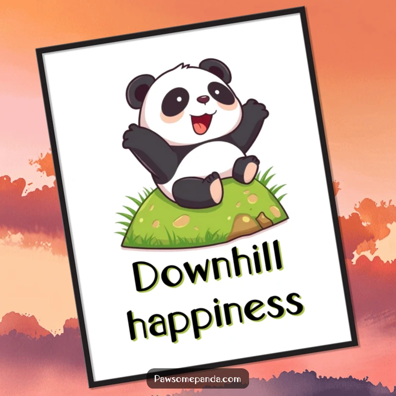 Funny happy panda digital art print, rolling down a grassy hill with glee, instant download, humorous wall decor.