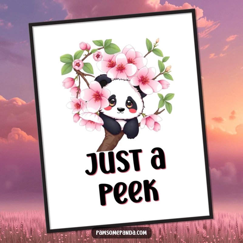 Funny curious panda digital art print, hidden behind a large cherry blossom, instant download, whimsical wall decor.